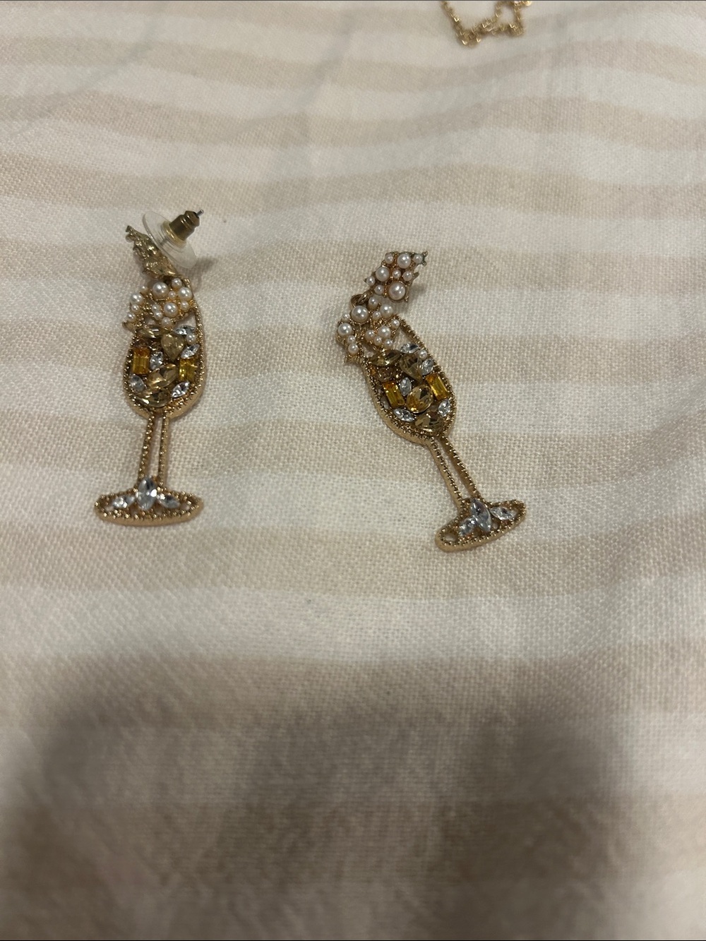 Champagne Glass Crystal Drop Earrings - Gold Tone with Pearls
